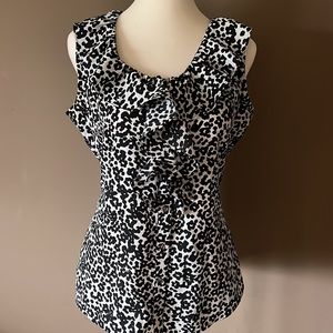 Black and white button down ruffled front blouse